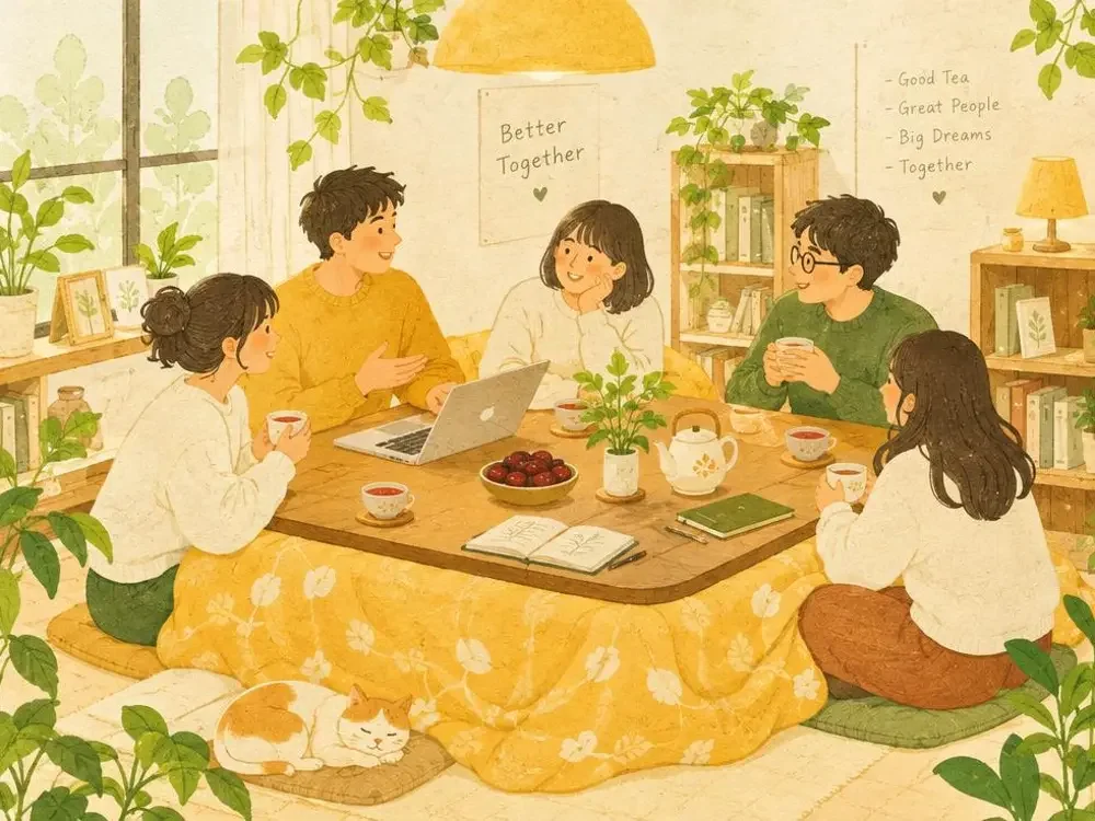 七猫短剧新剧团队围坐暖桌挑选剧情的插画